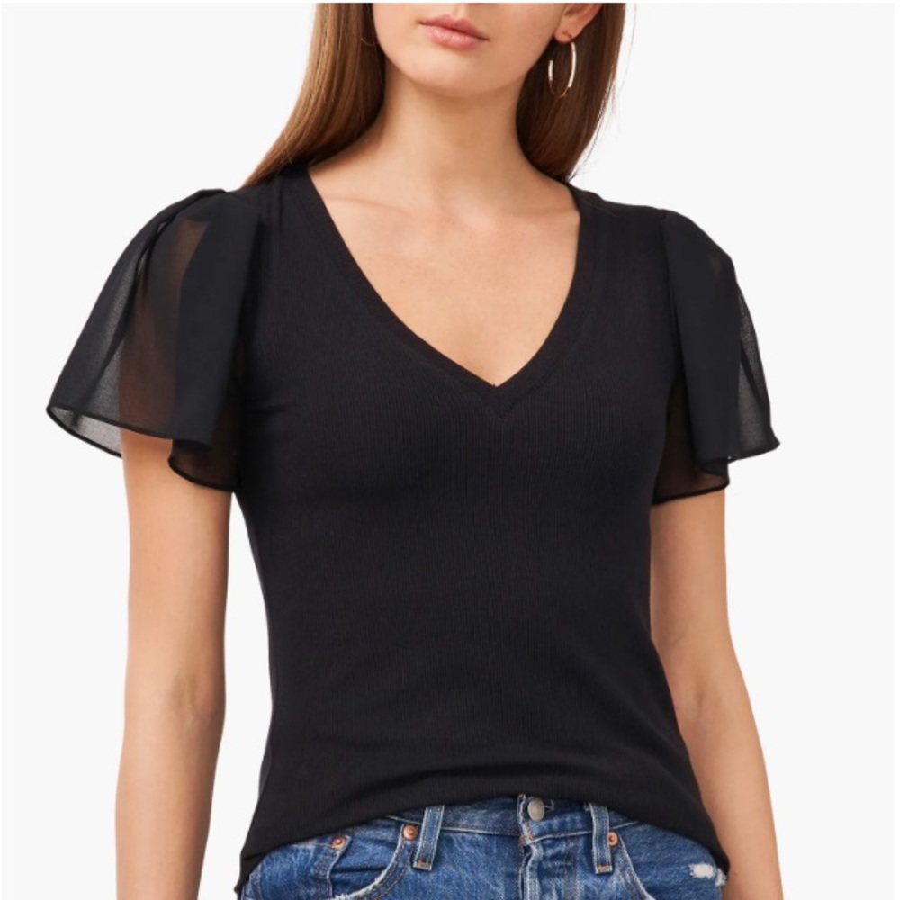 1. State Black Sheer Sleeve V-Neck Top